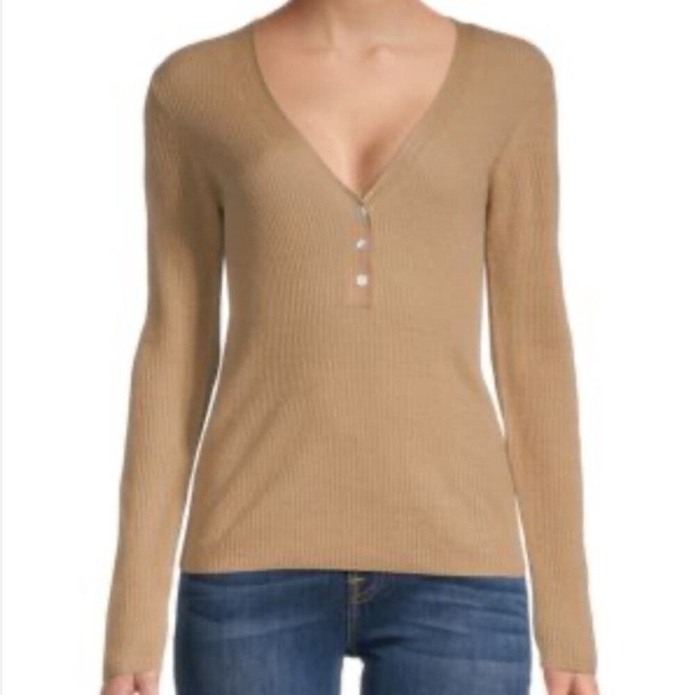 Vince Women's Cashmere Ribbed V-neck Henley Sweater in Camel 3X